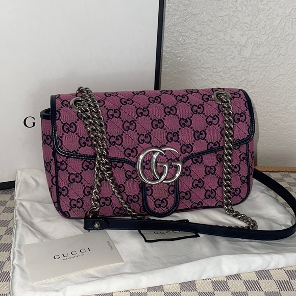 Authentic Gucci multicolor collection marmont double GG flap purse bag in pink